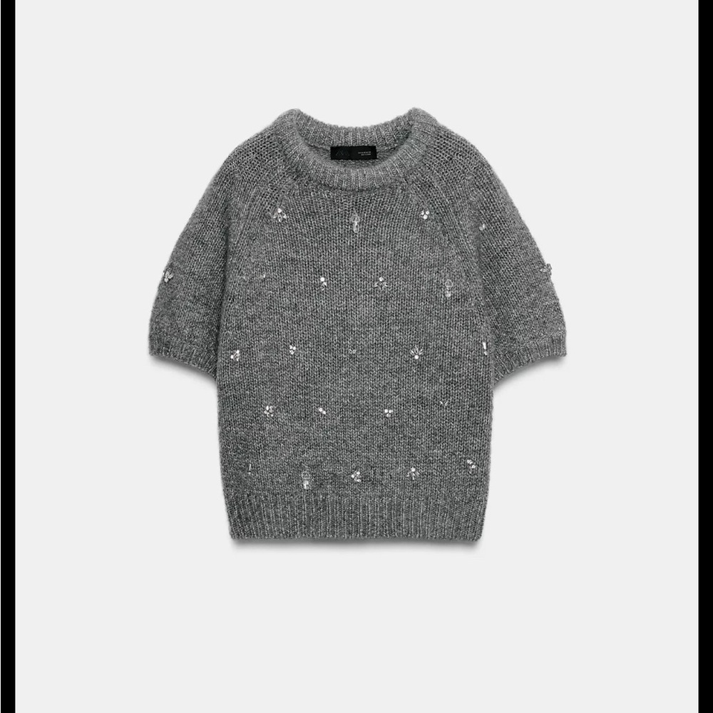 Zara Gray Embellished Knit Top